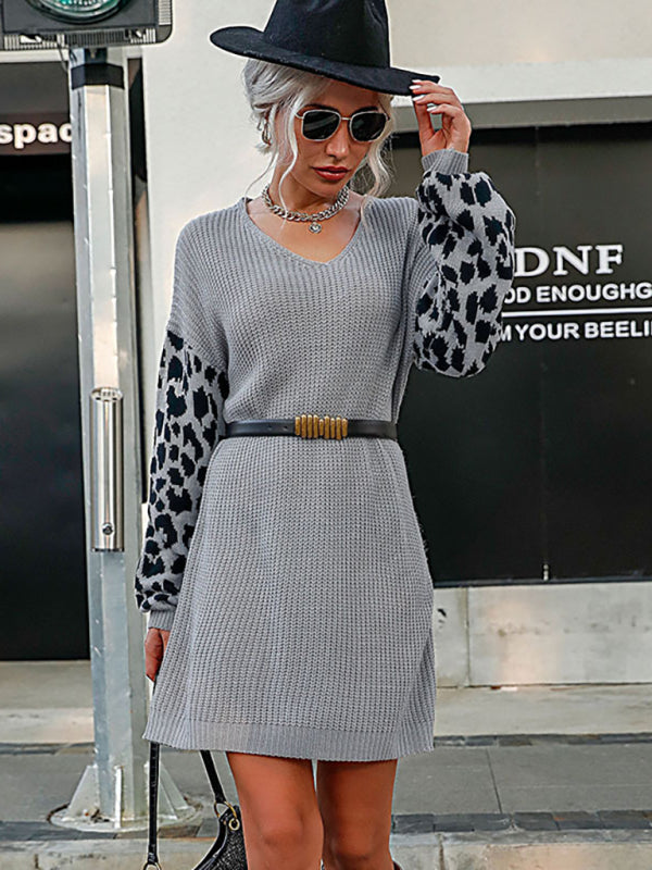 Women's leopard print splicing casual loose sweater dress (without belt) Shello's Creative Boutique