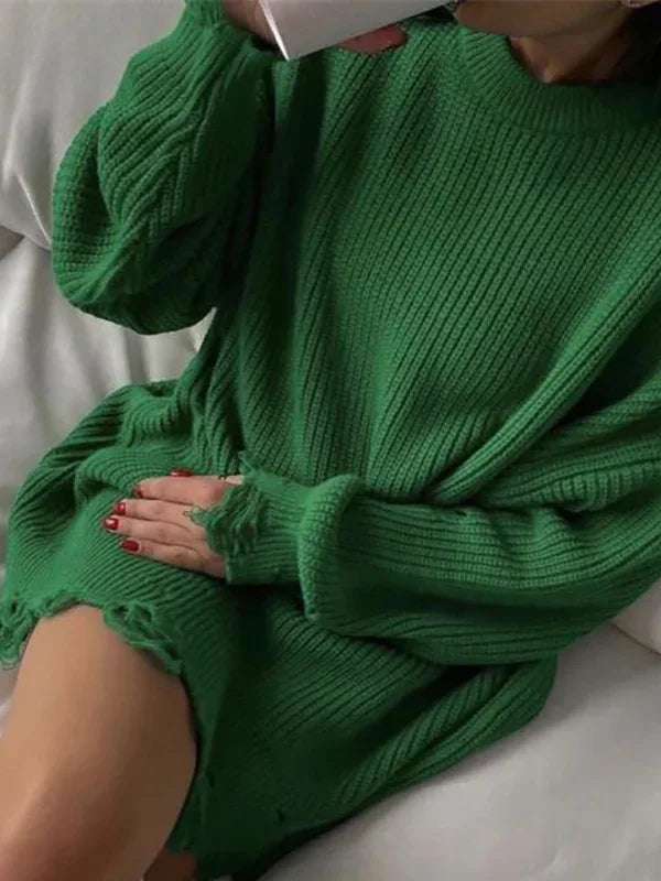 Knit Pullover Ripped Hem Loose Mid Length Sweater- No Belt - Shello's Creative Boutique