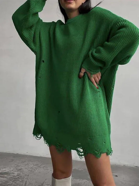 Knit Pullover Ripped Hem Loose Mid Length Sweater- No Belt - Shello's Creative Boutique
