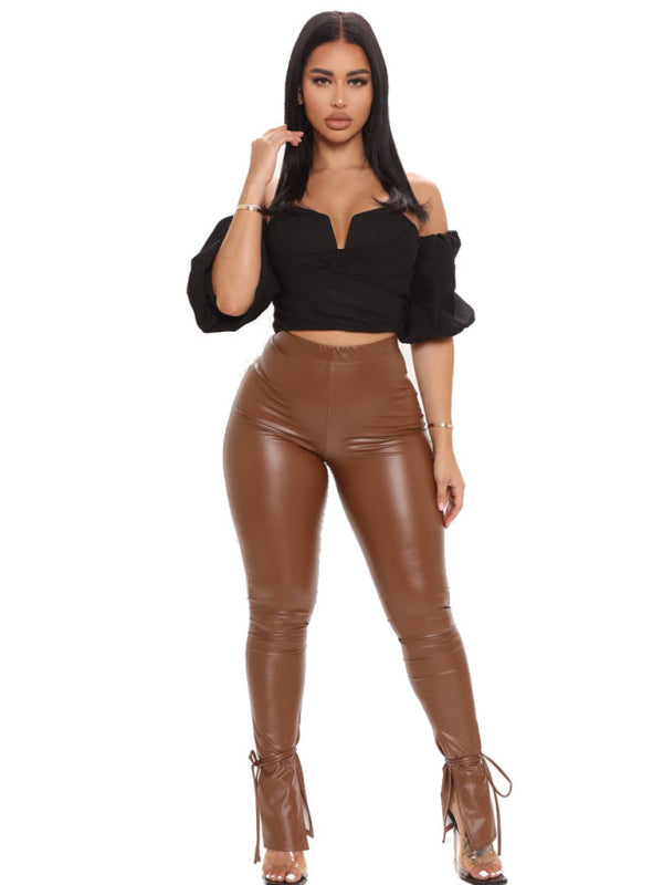 Skinny High Elastic Bandage Micro Flared Side Slit PU Leather Pants Shello's Creative Boutique