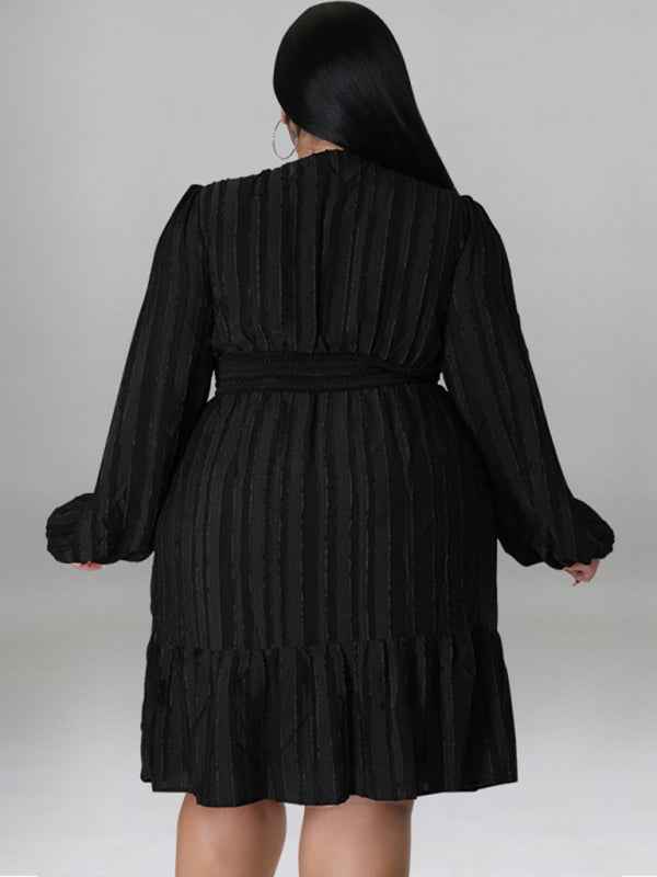 Plus Size Jacquard V-Neck Striped Long-Sleeved Dress