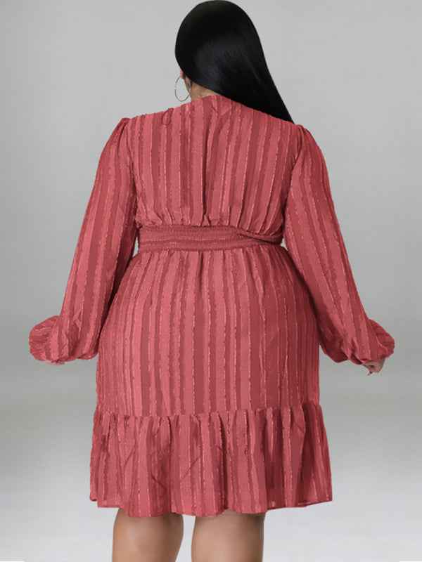 Plus Size Jacquard V-Neck Striped Long-Sleeved Dress