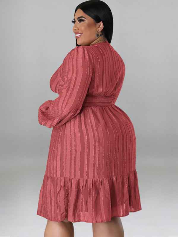 Plus Size Jacquard V-Neck Striped Long-Sleeved Dress