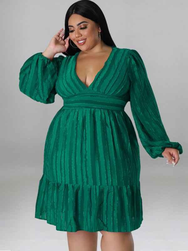 Plus Size Striped Dress - Jacquard V-Neck Long-Sleeved Style - Shello's Creative Boutique