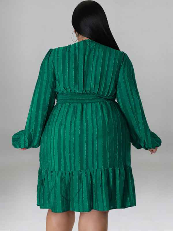 Plus Size Jacquard V-Neck Striped Long-Sleeved Dress