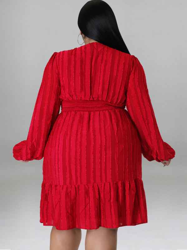 Plus Size Jacquard V-Neck Striped Long-Sleeved Dress