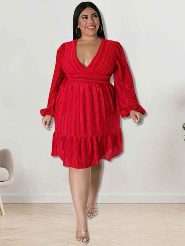 Plus Size Jacquard V-Neck Striped Long-Sleeved Dress