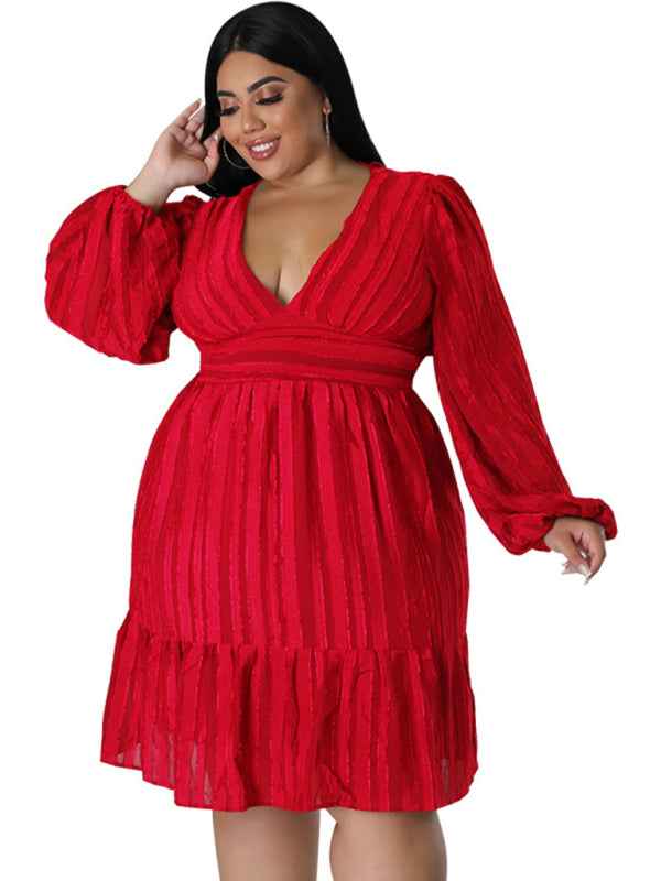 Plus Size Jacquard V-Neck Striped Long-Sleeved Dress