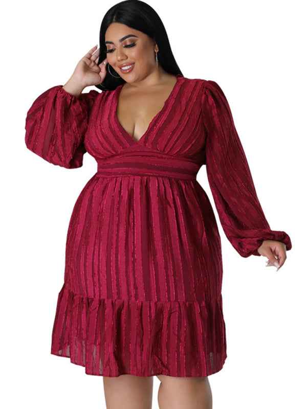 Plus Size Jacquard V-Neck Striped Long-Sleeved Dress