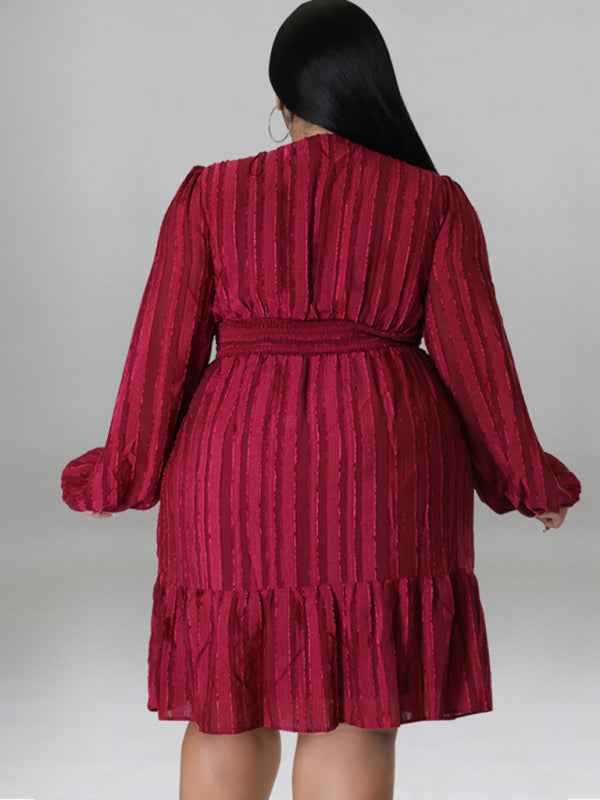 Plus Size Jacquard V-Neck Striped Long-Sleeved Dress
