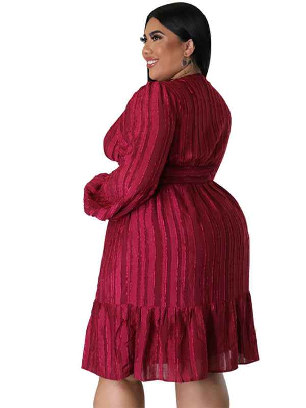 Plus Size Jacquard V-Neck Striped Long-Sleeved Dress