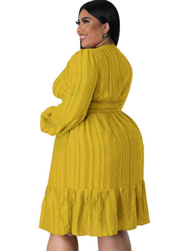 Plus Size Jacquard V-Neck Striped Long-Sleeved Dress