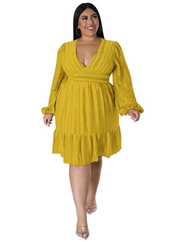 Plus Size Jacquard V-Neck Striped Long-Sleeved Dress
