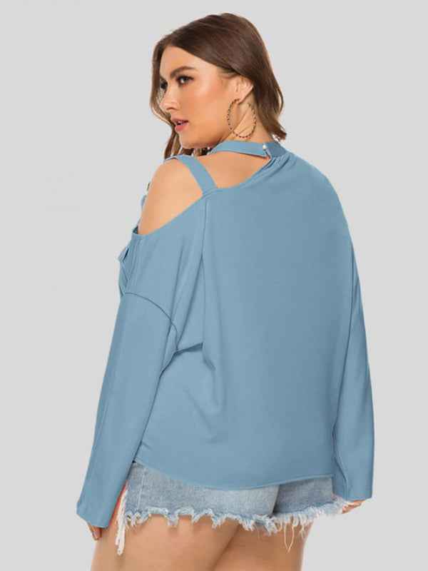 Plus Size Women's Shoulder Strap Hollow Bow Long Sleeve Slanted Shoulder T-Shirt