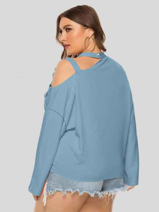 Plus Size Women's Shoulder Strap Hollow Bow Long Sleeve Slanted Shoulder T-Shirt