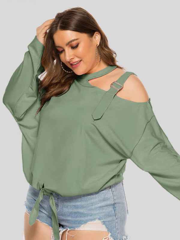 Plus Size Women's Shoulder Strap Hollow Bow Long Sleeve Slanted Shoulder T-Shirt