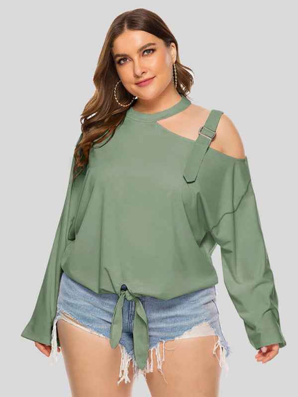 Plus Size Women's Shoulder Strap Hollow Bow Long Sleeve Slanted Shoulder T-Shirt