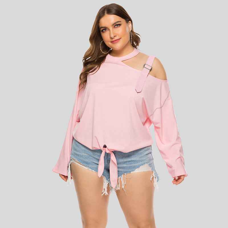 Plus Size Women's Shoulder Strap Hollow Bow Long Sleeve Slanted Shoulder T-Shirt
