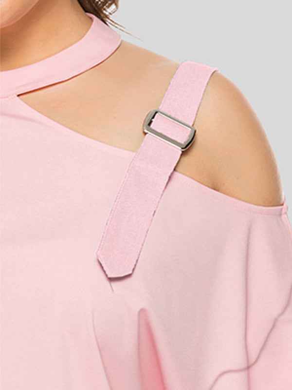Plus Size Women's Shoulder Strap Hollow Bow Long Sleeve Slanted Shoulder T-Shirt