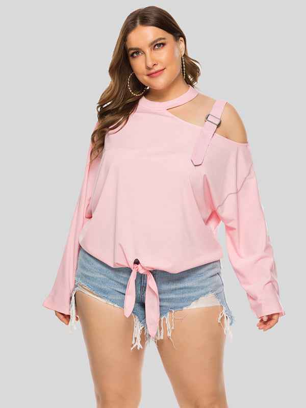 Plus Size Women's Shoulder Strap Hollow Bow Long Sleeve Slanted Shoulder T-Shirt