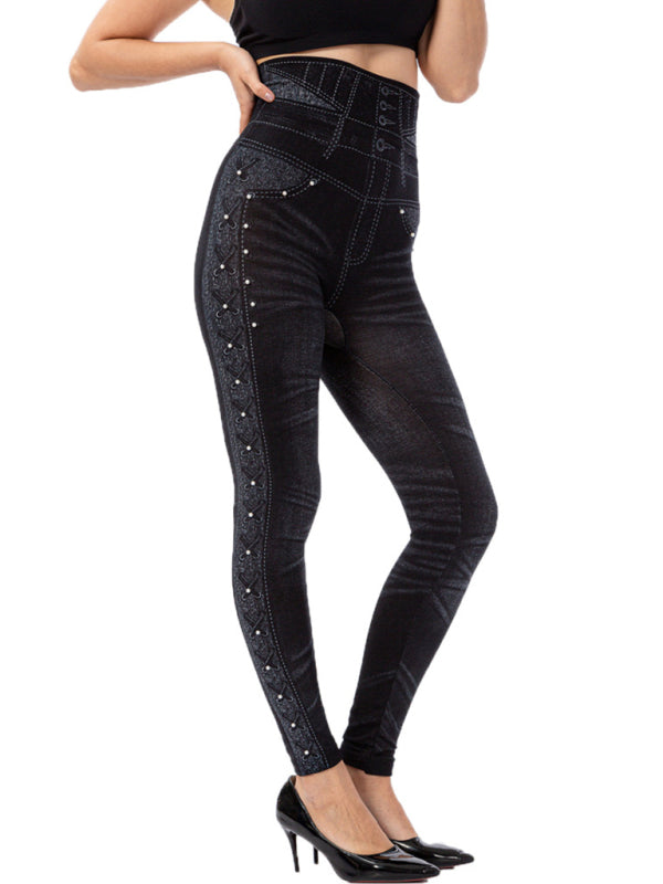 High waist beaded leggings stretch slim cropped pants Shello's Creative Boutique