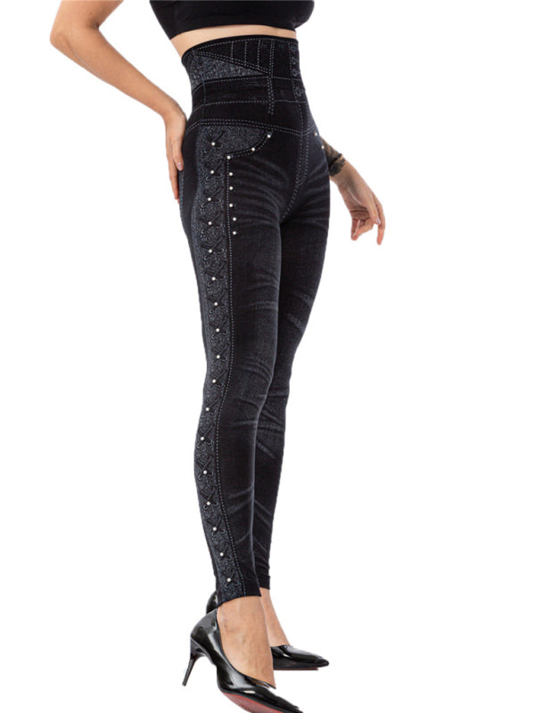 High waist beaded leggings stretch slim cropped pants Shello's Creative Boutique
