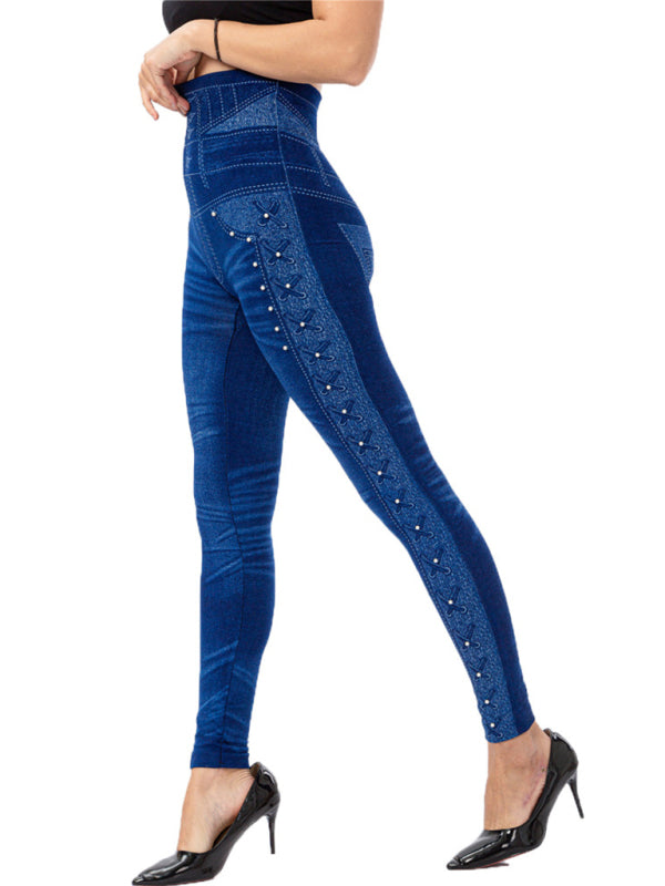 High waist beaded leggings stretch slim cropped pants Shello's Creative Boutique