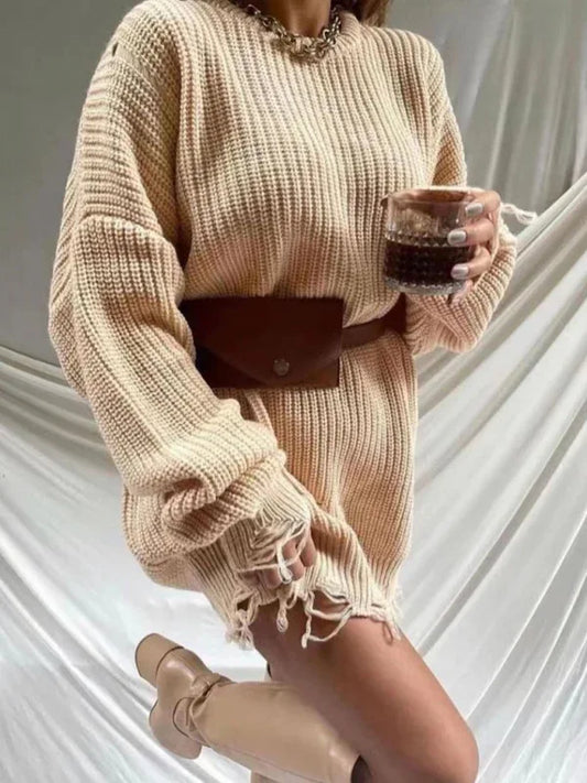 Women's Solid Color Crew Neck Ripped Sweater Dress - Shello's Creative Boutique