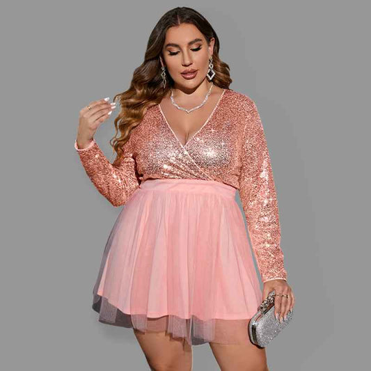 Plus Size Women's Sequin Stitching Mesh Party Dress – Glamour Redefined!
