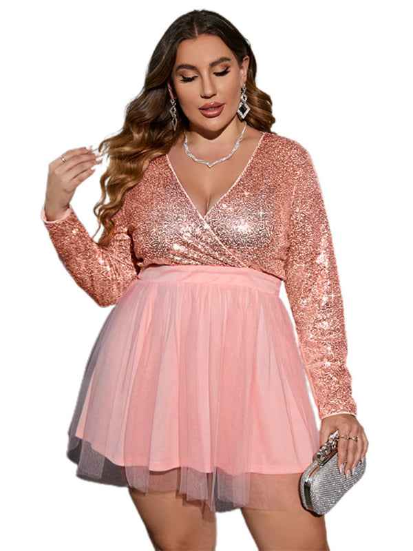 Plus Size Women's Sequin Stitching Mesh Party Dress – Glamour Redefined!