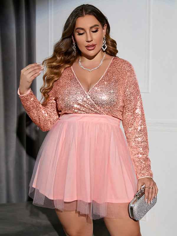 Plus Size Women's Sequin Stitching Mesh Party Dress – Glamour Redefined!