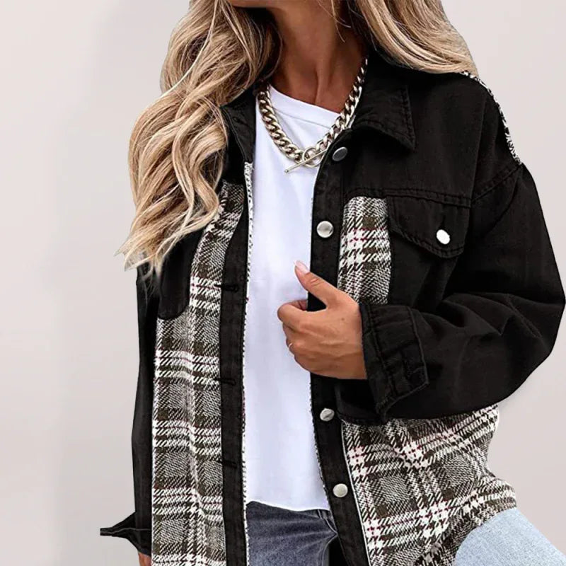 Denim Jacket Long Sleeve Check Button Down Shirt Jacket Top - Shello's Creative Boutique