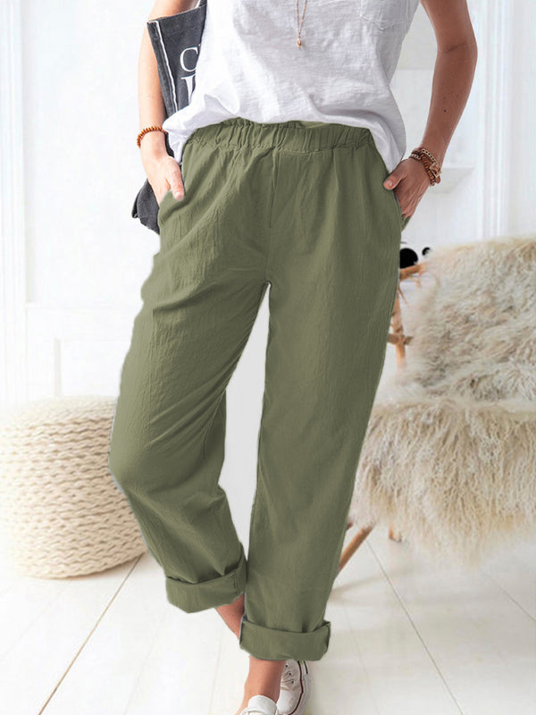 New style solid color casual elastic high waist straight trousers women Shello's Creative Boutique