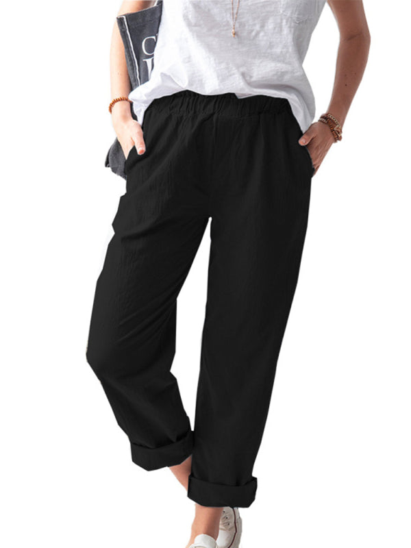New style solid color casual elastic high waist straight trousers women Shello's Creative Boutique