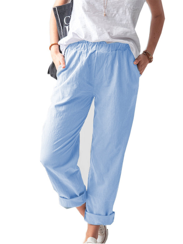 New style solid color casual elastic high waist straight trousers women Shello's Creative Boutique