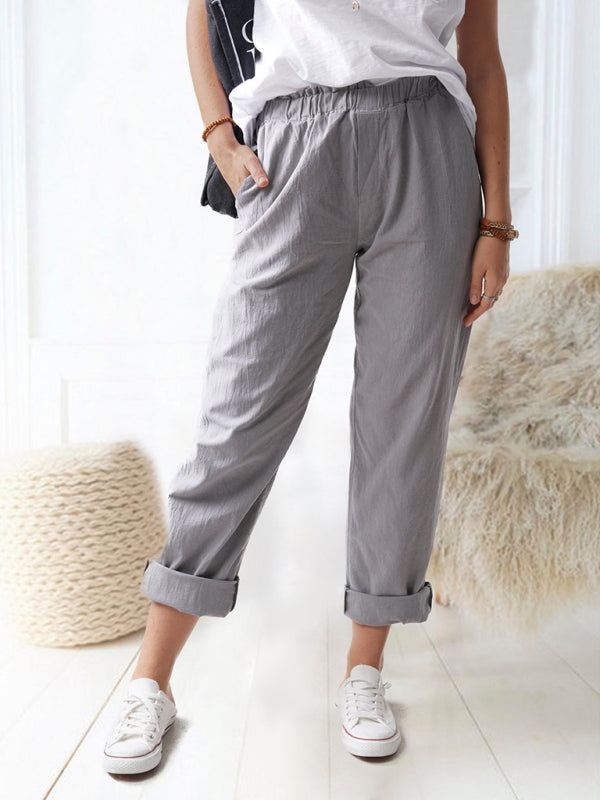 New style solid color casual elastic high waist straight trousers women Shello's Creative Boutique