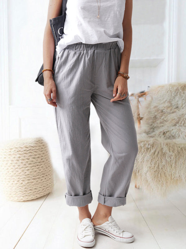 New style solid color casual elastic high waist straight trousers women Shello's Creative Boutique
