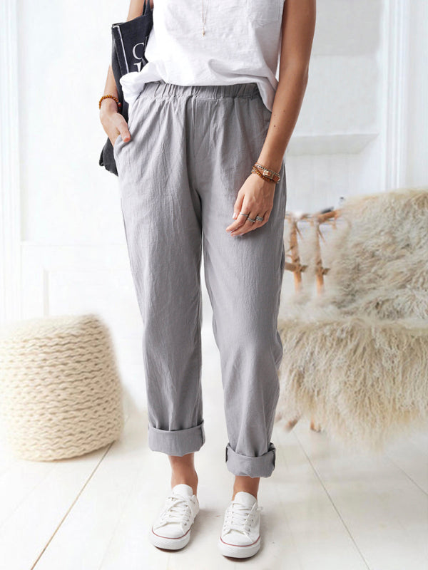 New style solid color casual elastic high waist straight trousers women Shello's Creative Boutique
