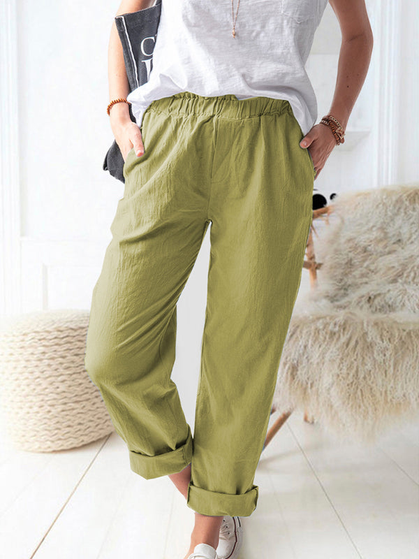 New style solid color casual elastic high waist straight trousers women Shello's Creative Boutique