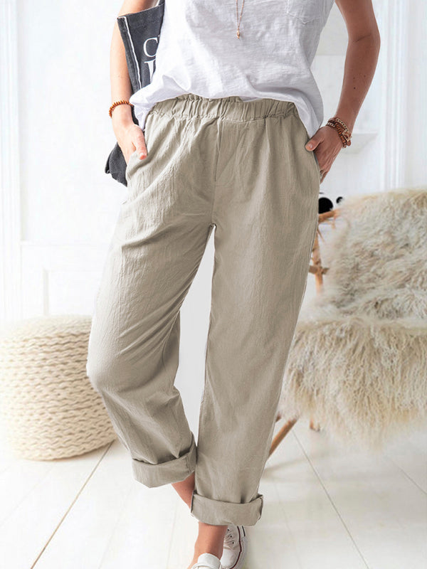 New style solid color casual elastic high waist straight trousers women Shello's Creative Boutique
