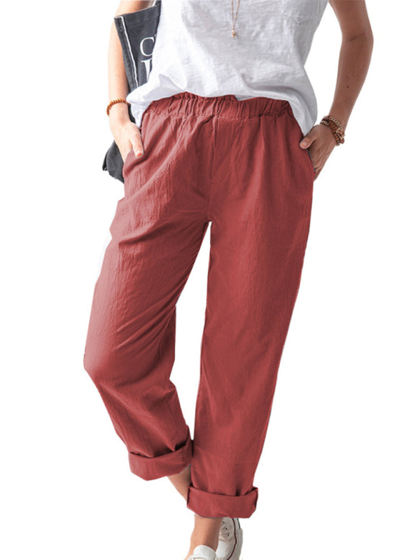 New style solid color casual elastic high waist straight trousers women Shello's Creative Boutique