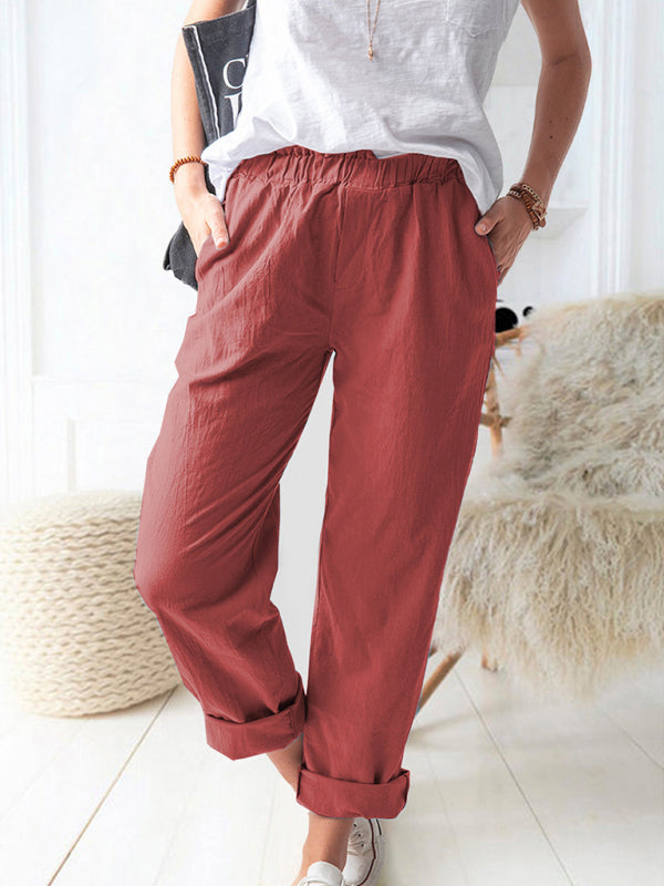 New style solid color casual elastic high waist straight trousers women Shello's Creative Boutique