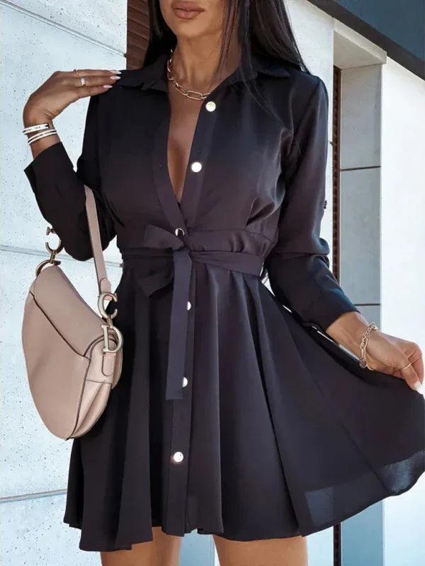 Women's Lapel Button Tie Dress - Timeless Sophistication for Any Occasion - Shello's Creative Boutique