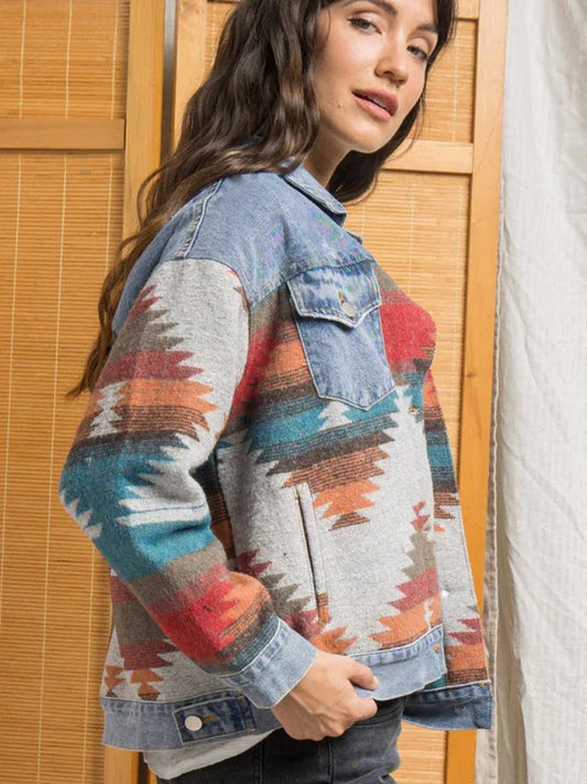 Women's Lapel Loose Denim Stitching Woolen Coat - Shello's Creative Boutique