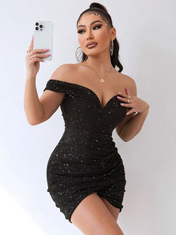 Sexy v-neck one-shoulder dress celebrity party high-end slit hot girl bag hip Shello's Creative Boutique