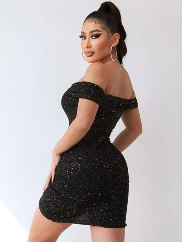 Sexy v-neck one-shoulder dress celebrity party high-end slit hot girl bag hip Shello's Creative Boutique