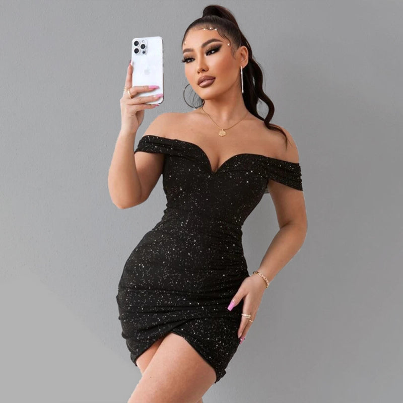 Sexy v-neck one-shoulder dress celebrity party high-end slit hot girl bag hip Shello's Creative Boutique