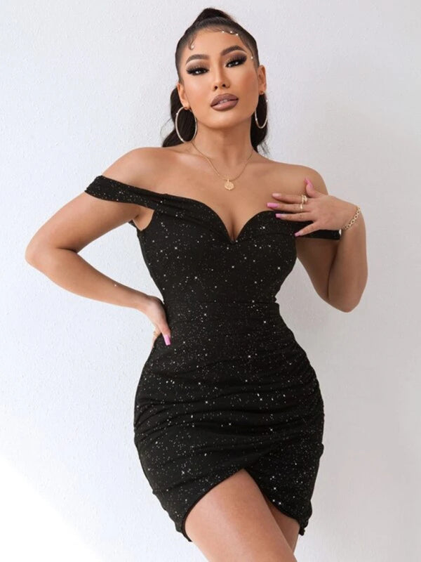 Sexy v-neck one-shoulder dress celebrity party high-end slit hot girl bag hip Shello's Creative Boutique