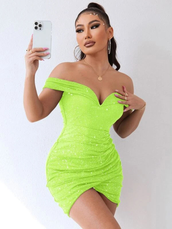Sexy v-neck one-shoulder dress celebrity party high-end slit hot girl bag hip Shello's Creative Boutique