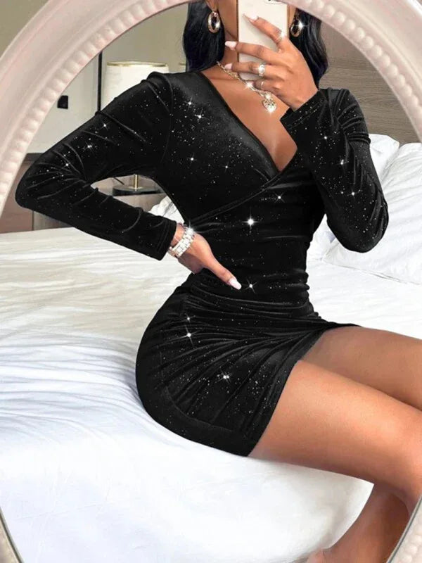 Bronzing Gold Velvet Long-Sleeved Miniskirt – Luxe Glamour for Every Occasion - Shello's Creative Boutique